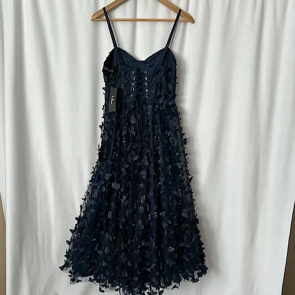 Lulus Navy Blue Butterfly Spaghetti Straps Lace Up Midi Dress **Size M** 🦋🦋 - Picture 6 of 10